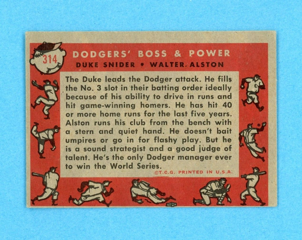 1958 Topps #314 Dodgers Boss & Power Snider, Alston Baseball Card EX ap wrk/cres