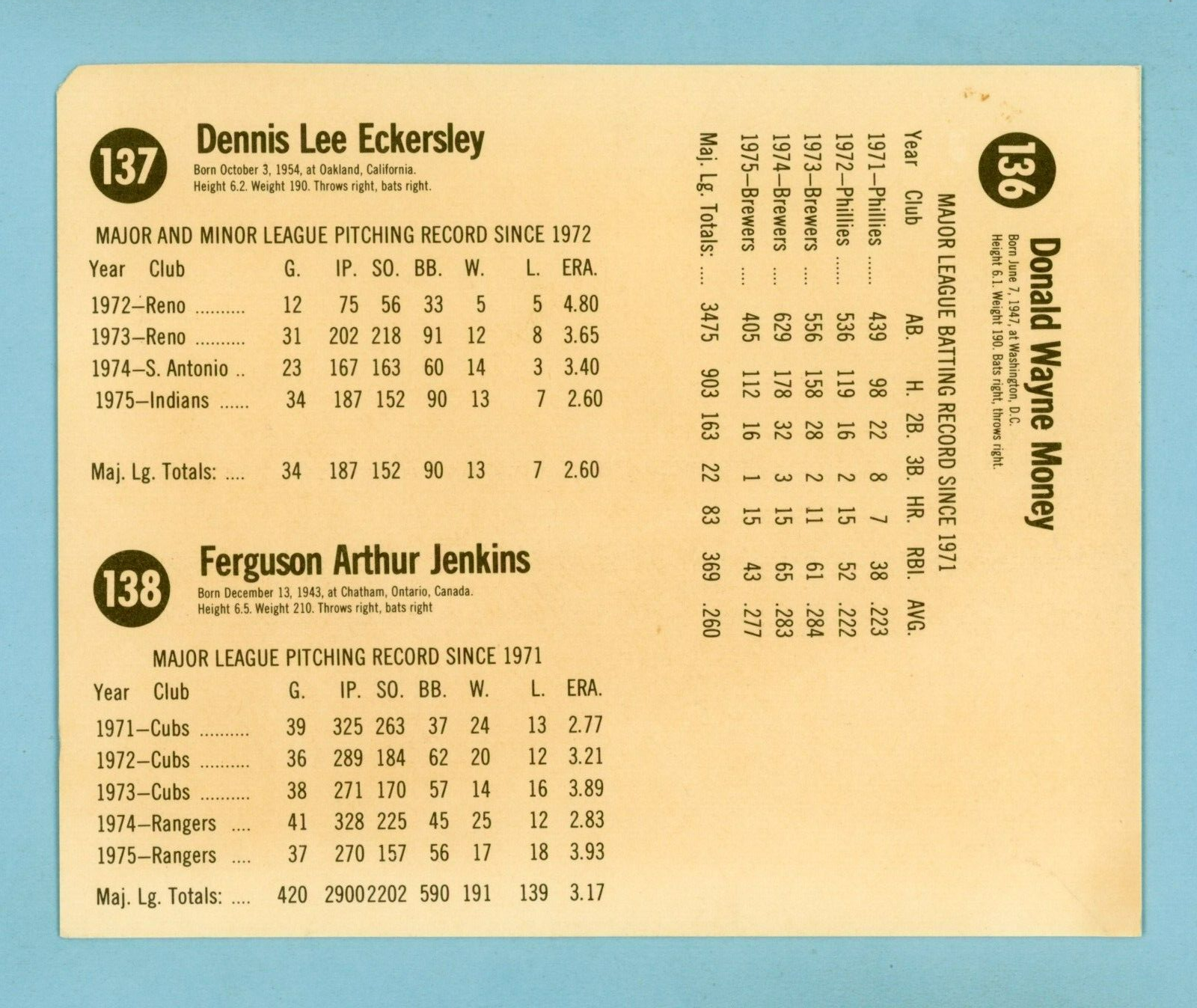 1976 Hostess Panel #136, 137, 138 Baseball Cards Dennis Eckersley Rookie