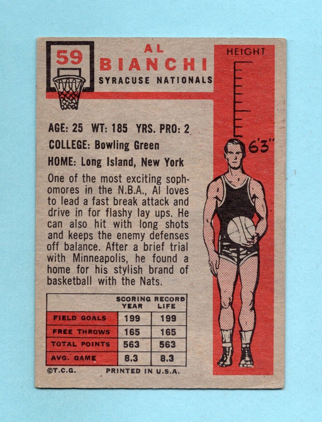 1957-58 Topps #59 Al Bianchi Syracuse Nats Rookie Basketball Card EX app cres tr