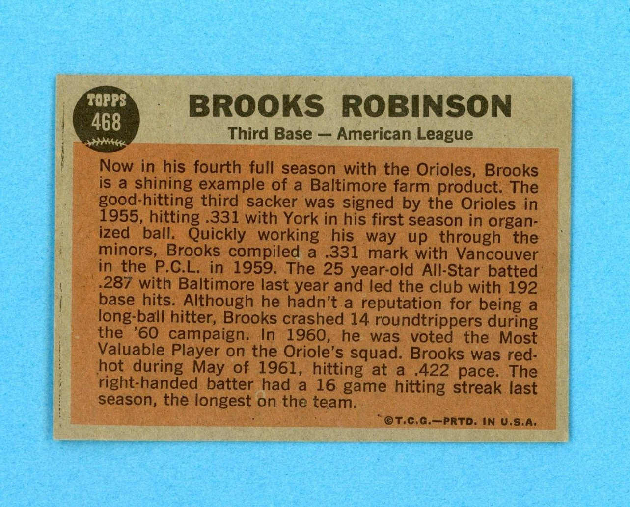 1962 Topps #468 Brooks Robinson All-Star Balt Orioles Baseball Card EX+ lht wrk