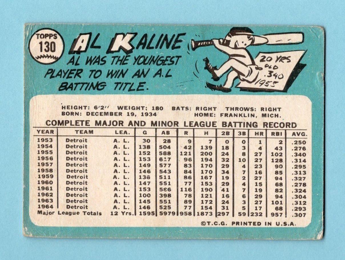 1965 Topps #130 Al Kaline Detroit Tigers Baseball Card Low Grade  