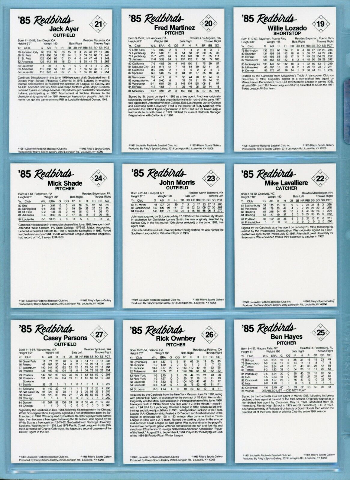 1985 Riley's Louisville Red Birds Near Set (28 of 30) Baseball Cards NM