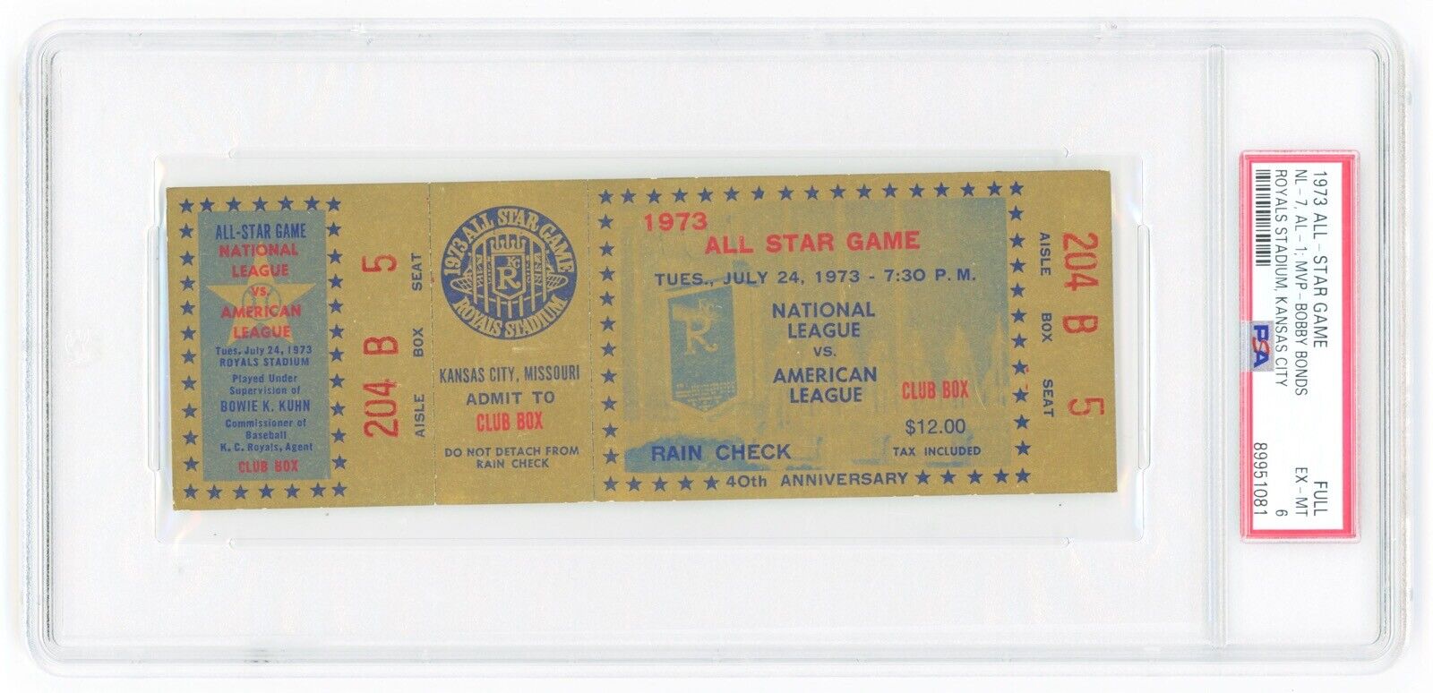 1973 MLB All-Star Game at Kansas City • Full Ticket• PSA 6 EX-MT