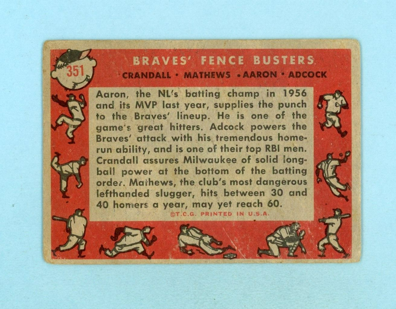 1958 Topps #351 Braves Fence Busters Aaron, Mathews Baseball Card G/VG