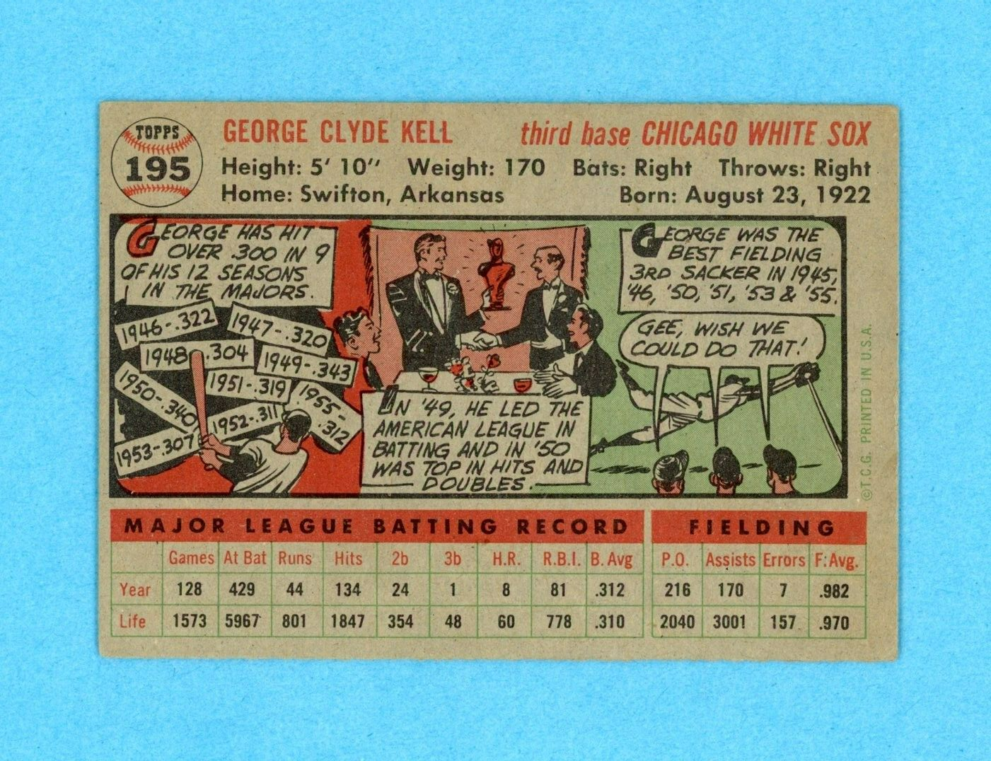 1956 Topps #195 George Kell Chicago White Sox Baseball Card EX app wrks bra tlc