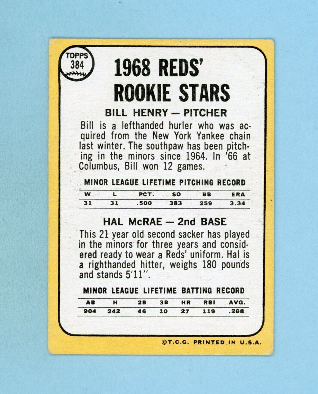 1968 Topps #384 Hal McRae Cincinnati Reds Rookie Baseball Card Vg/Ex wrk/cres