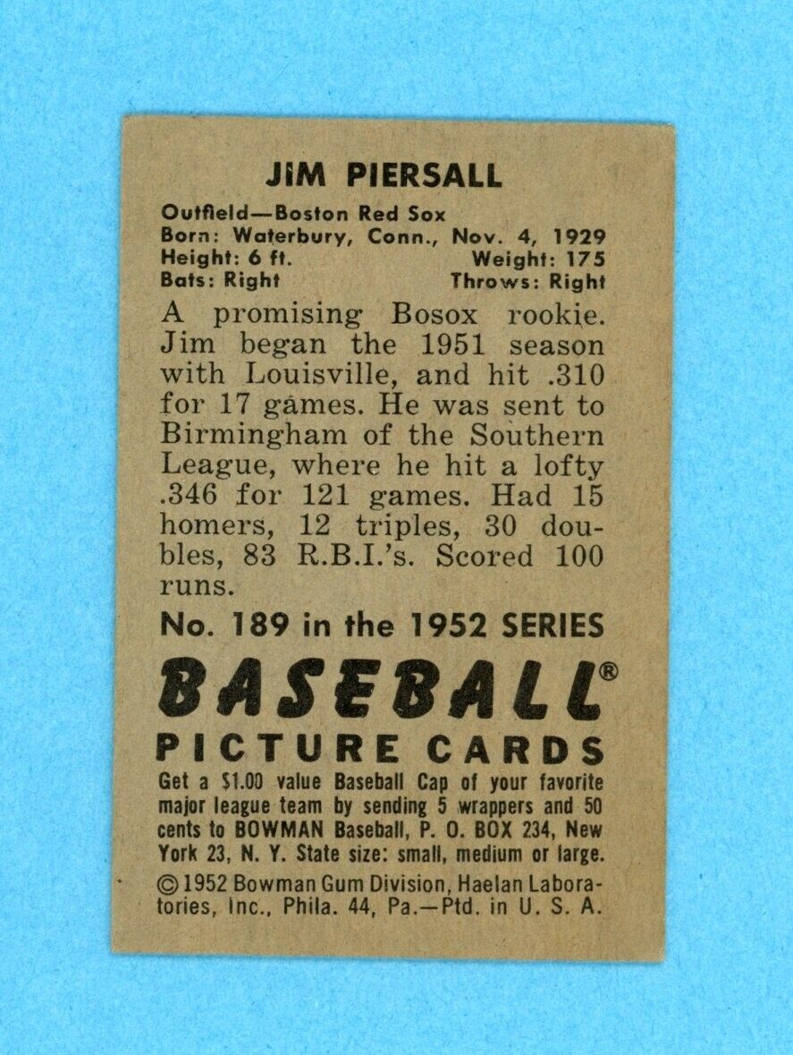 1952 Bowman #189 Jimmy Piersall Boston Red Sox Baseball Card EX - EX+