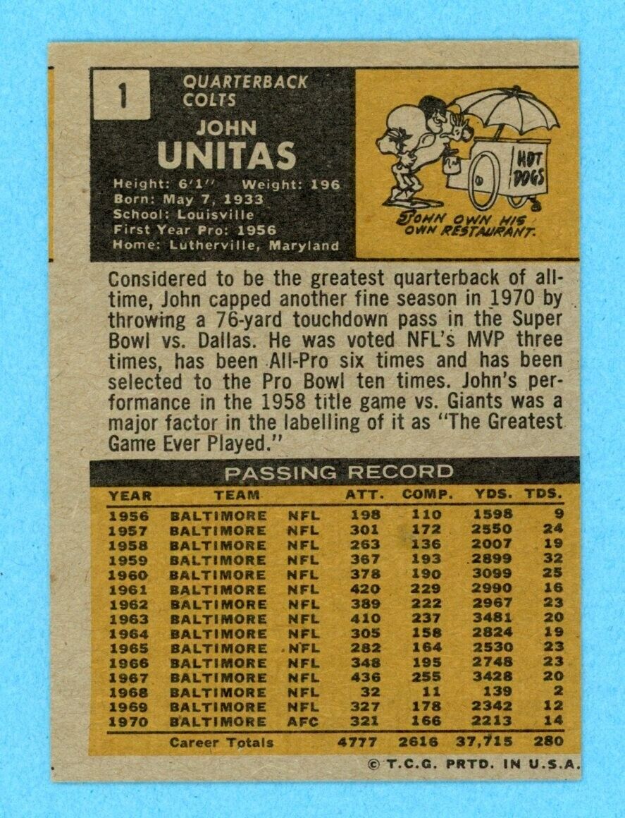 1971 Topps #1 Johnny Unitas Baltimore Colts Football Card EX+ - Ex/Mt o/c