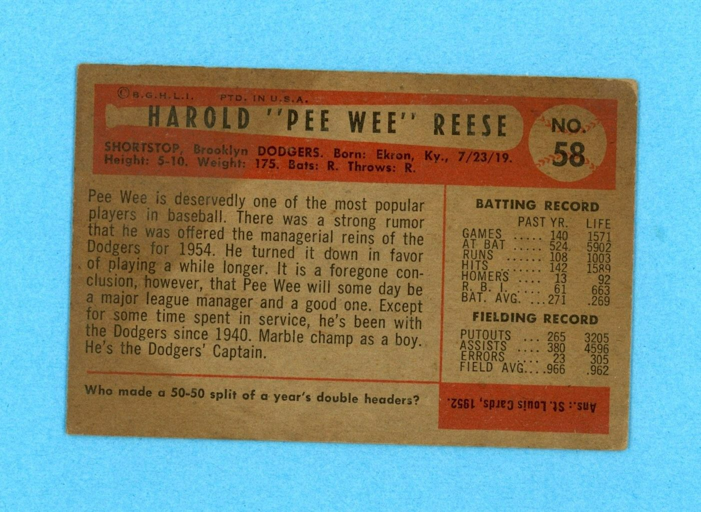 1954 Bowman #58 Pee Wee Reese Brooklyn Dodgers Baseball Card Vg/Ex staining