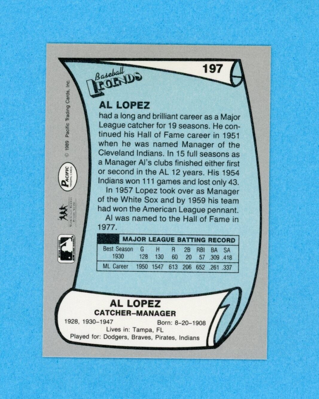 Al Lopez Chicago White Sox 1989 Pacific Legends 2 #197 Autographed Baseball Card