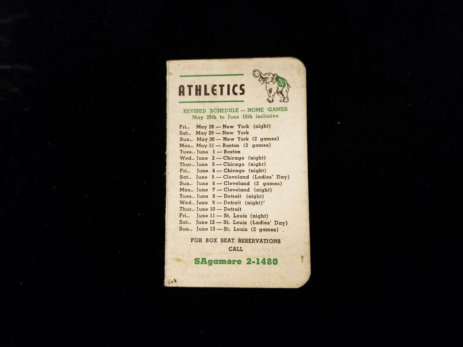 1948 Philadelphia Athletics Color Pocket Baseball Schedule