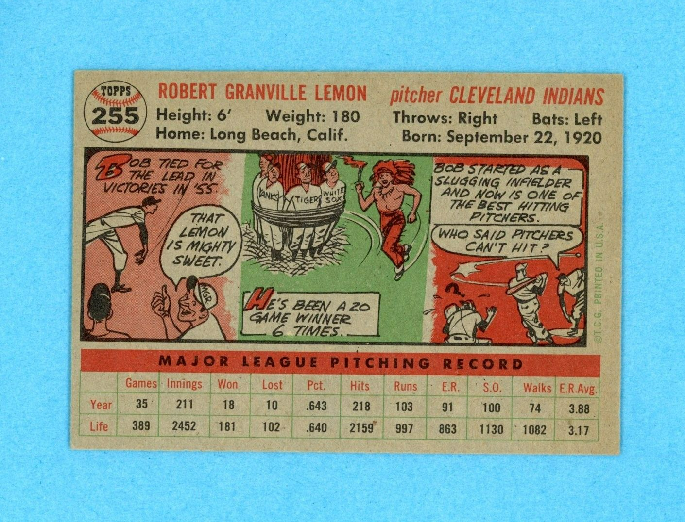 1956 Topps #255 Bob Lemon Cleveland Indians Baseball Card NM