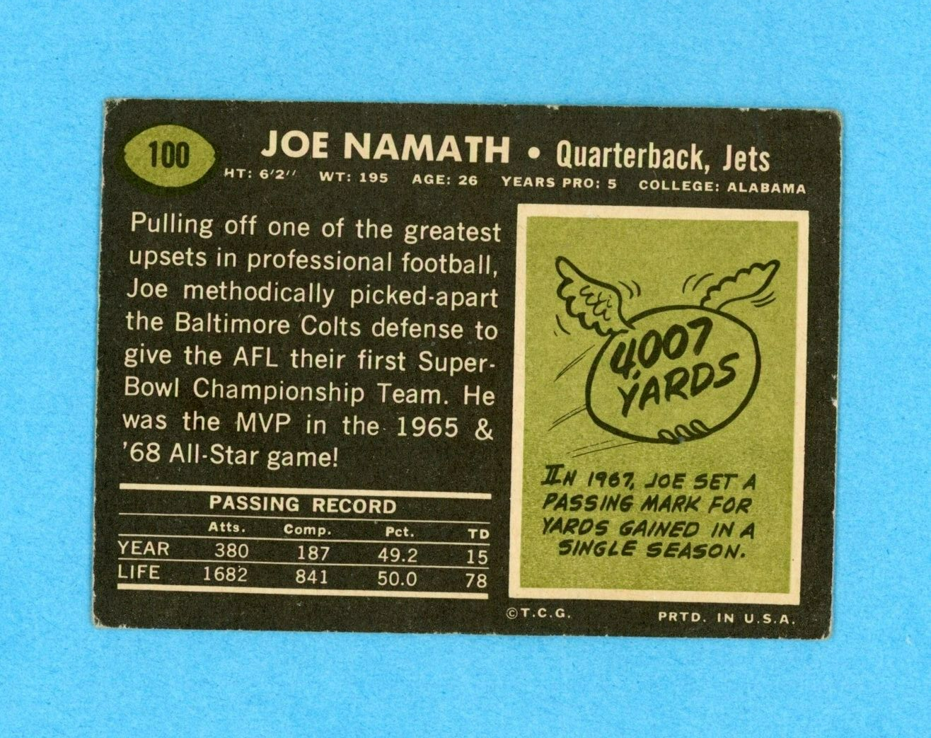 1969 Topps #100 Joe Namath New York Jets Football Card Low Grade