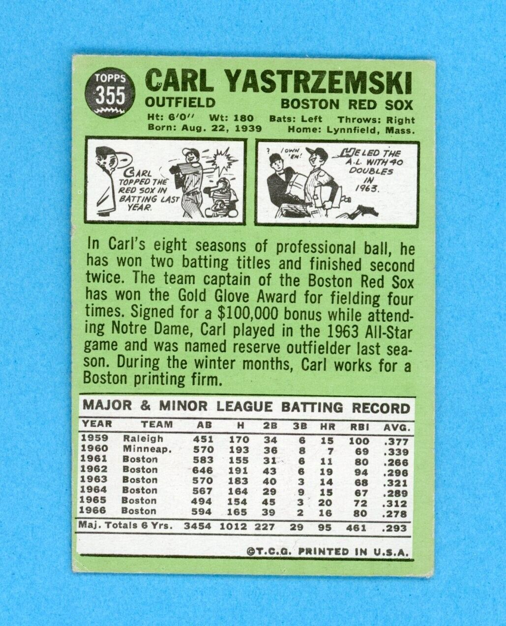 1967 Topps #355 Carl Yastrzemski Boston Red Sox Baseball Card EX lht wrks ds