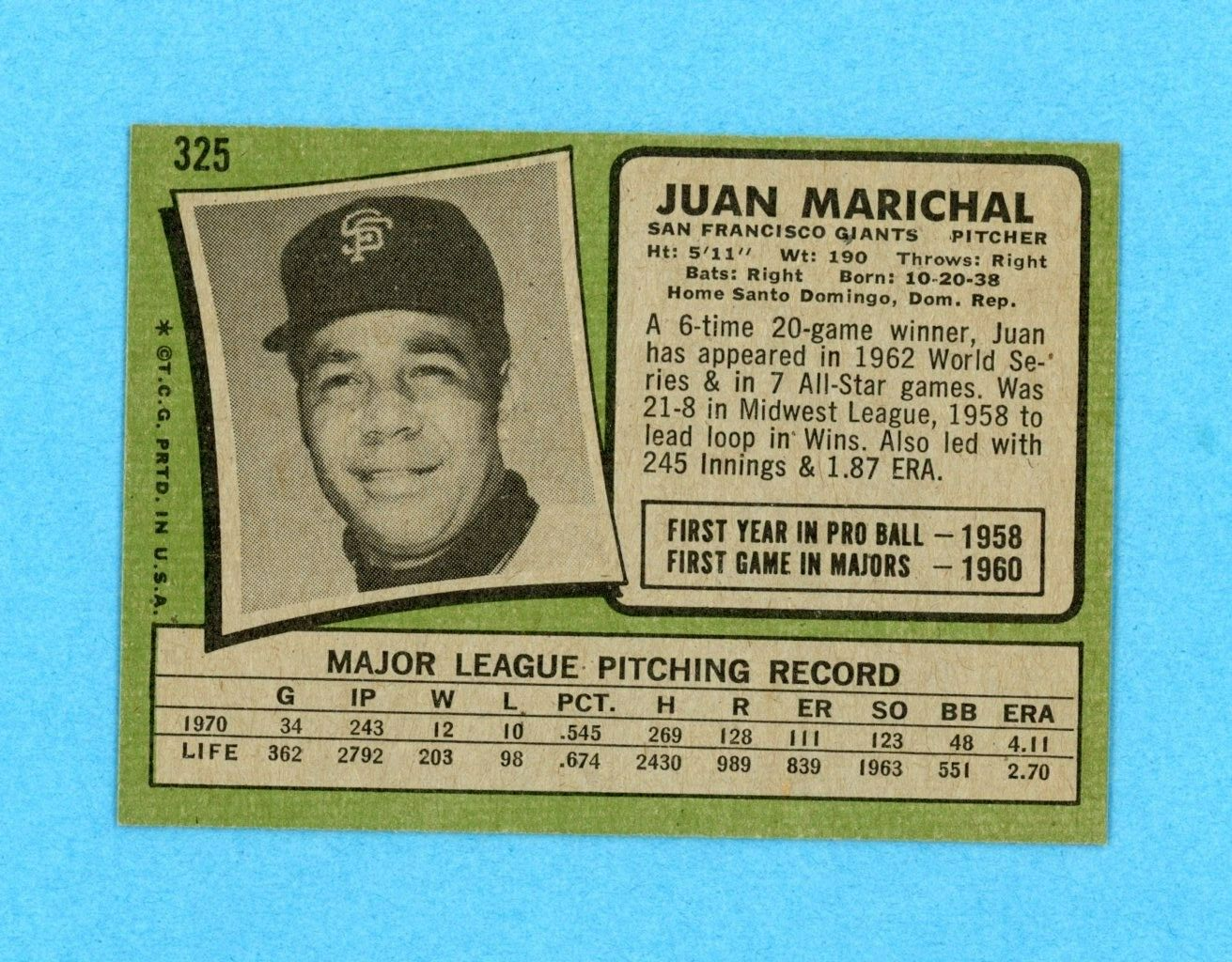 1971 Topps #325 Juan Marichal San Francisco Giants Baseball Card NM o/c