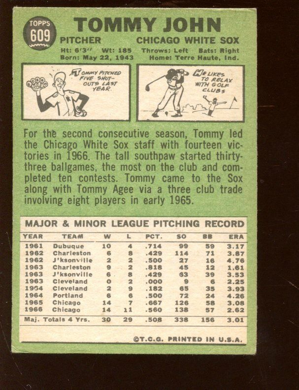 1967 Topps #609 Tommy John White Sox High Number Baseball Card Vg-Ex app few wrk