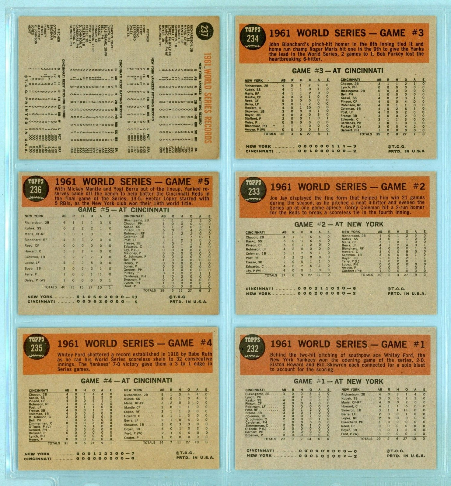 1962 Topps Set of 6 1961 World Series Special Baseball Cards Ex/Mt - NM