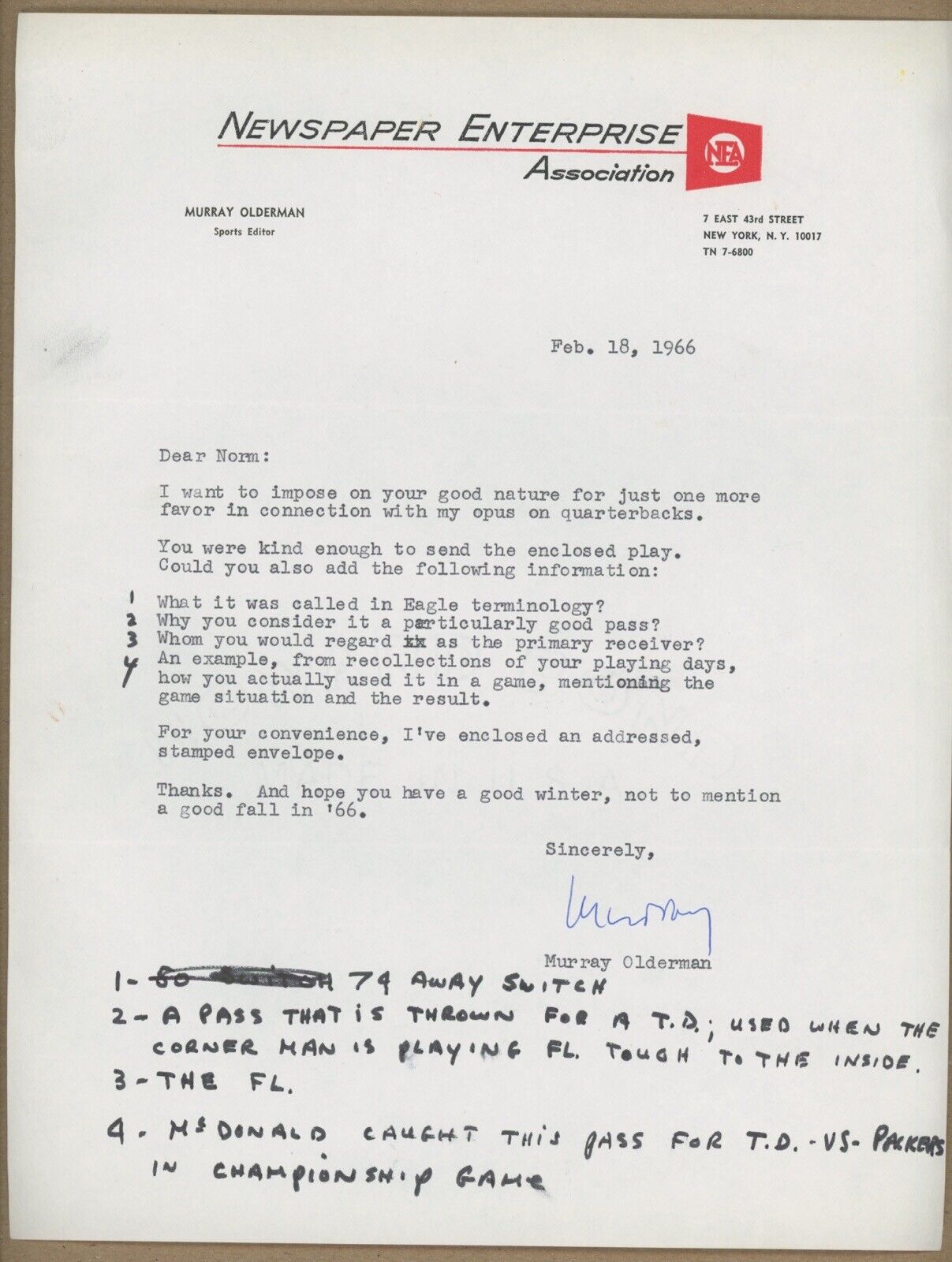 Norm Van Brocklin Hand Written Notes to Reporter Murray Olderman