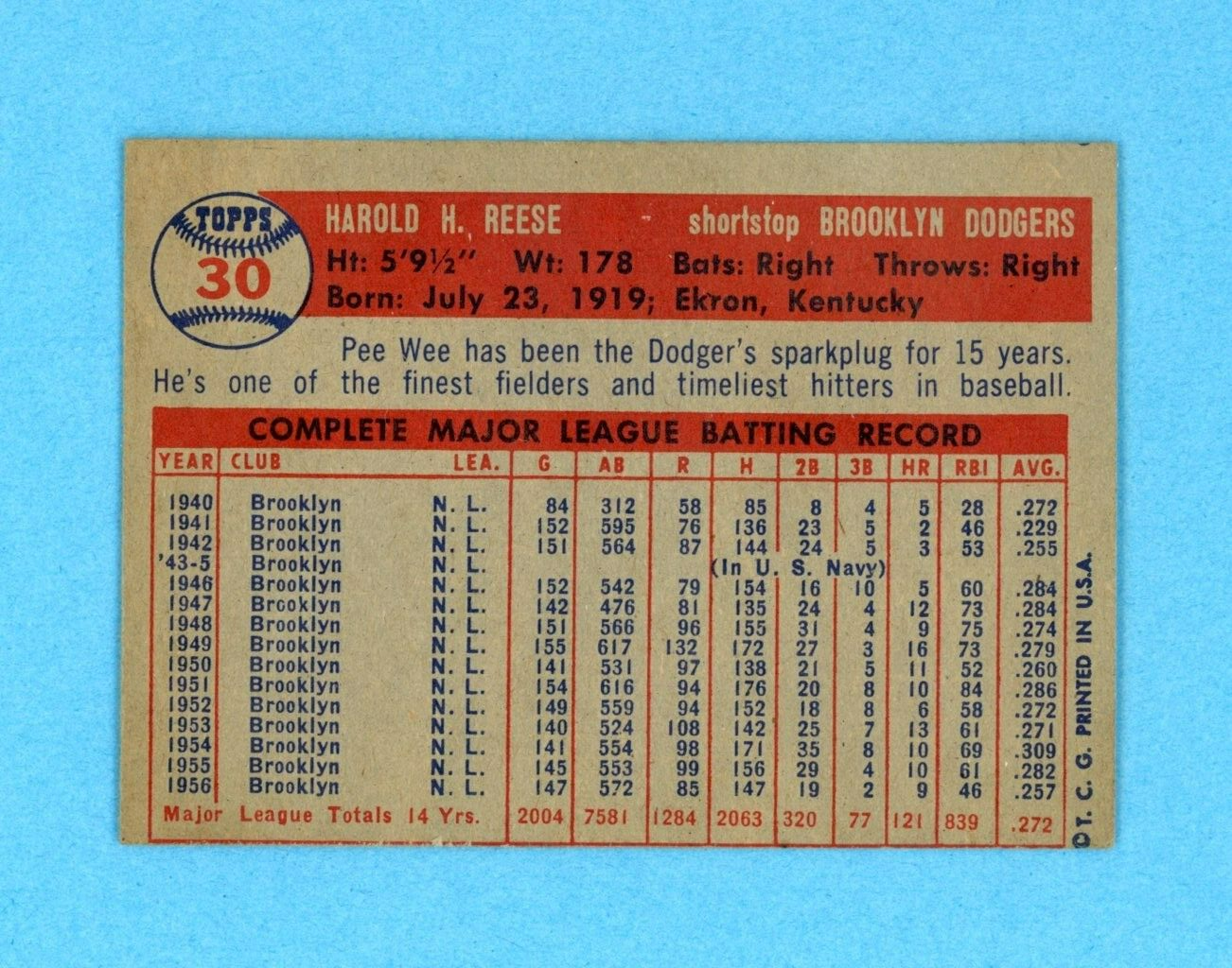 1957 Topps #30 Pee Wee Reese Brooklyn Dodgers Baseball Card EX - EX+ o/c