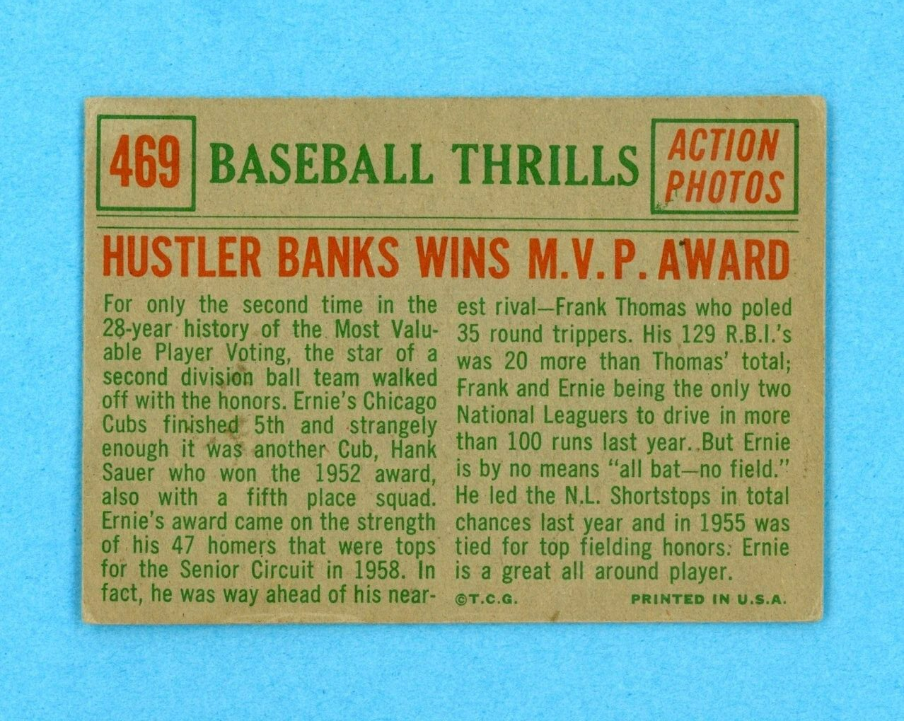 1959 Topps #469 Baseball Thrills Ernie Banks Chicago Cubs Baseball Card V/E wkcr