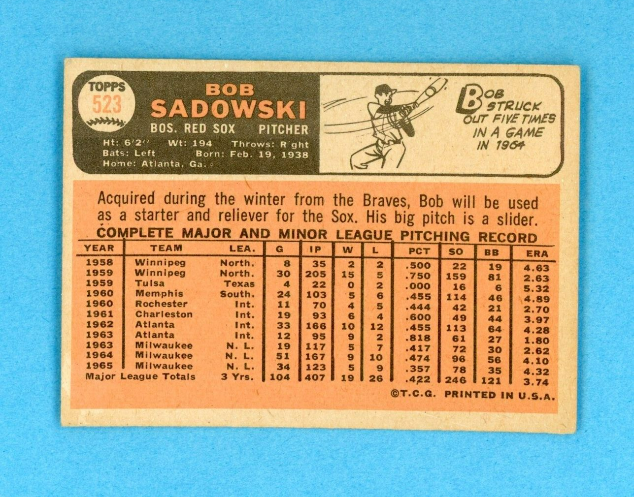 1966 Topps #523 Bob Sadowski Boston Red Sox Baseball Card EX