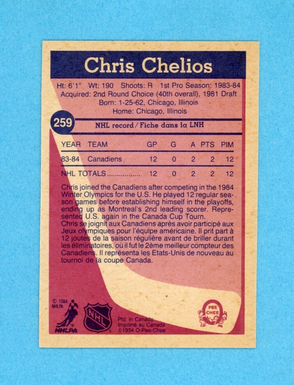 Chris Chelios Canadiens 1984-85 O Pee Chee #259 Autographed Rookie Hockey Card