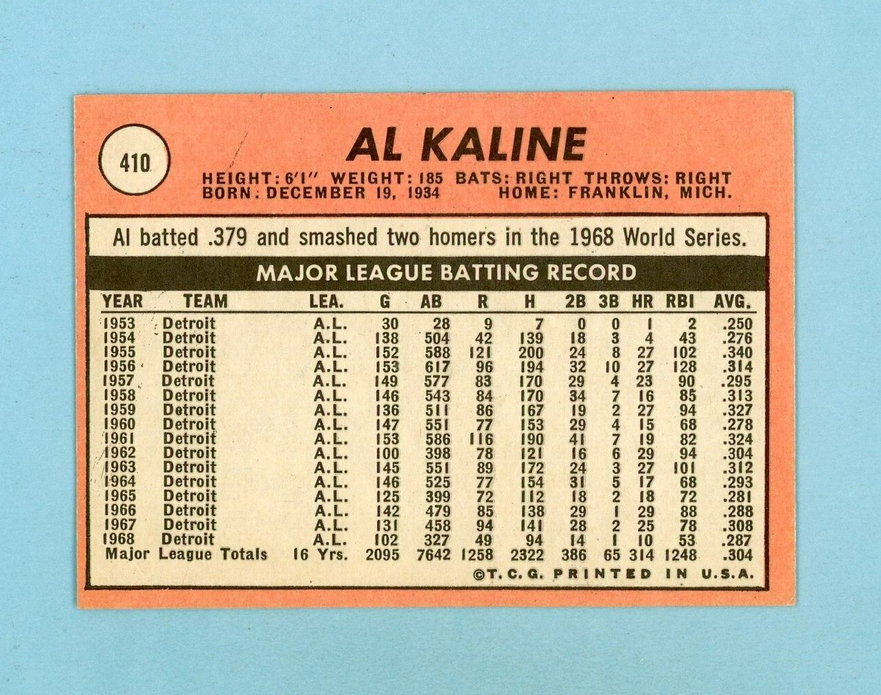 1969 Topps #410 Al Kaline Detroit Tigers Baseball Card EX+ - Ex/Mt app wk/cr trc