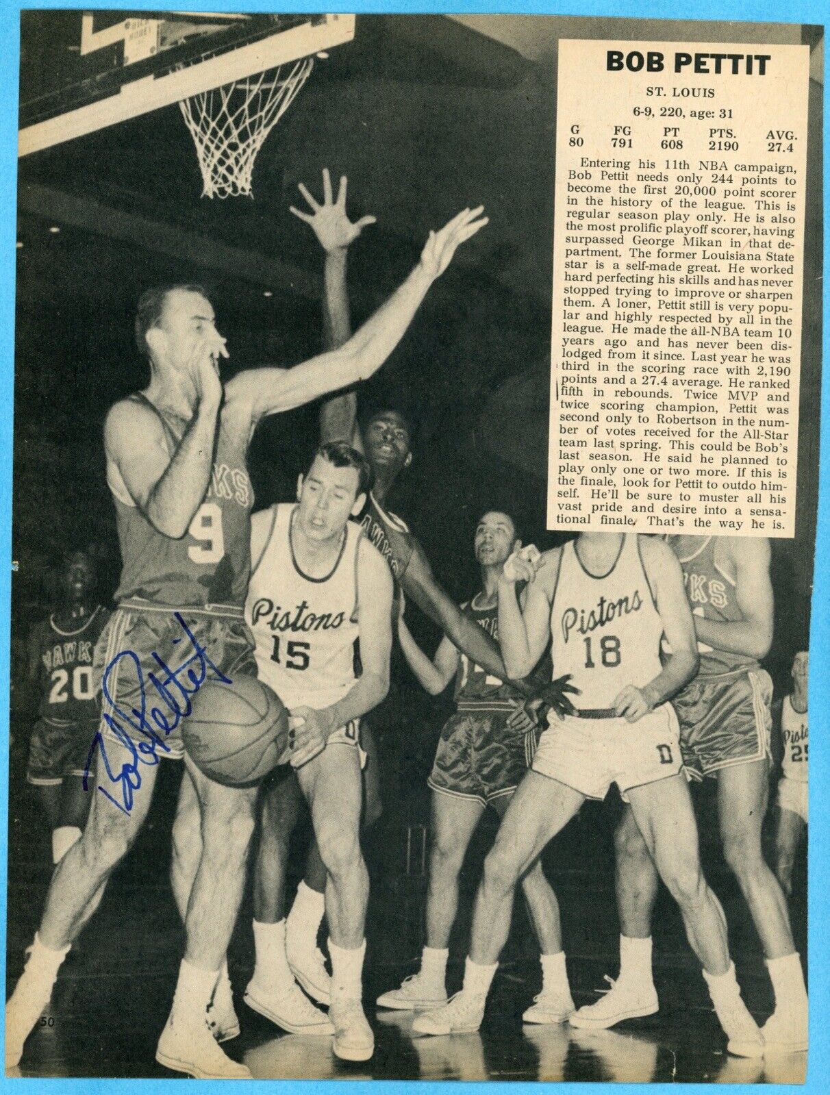 Bob Pettit St. Louis Hawks Signed Magazine Page 8x10 Artwork Auto w B&E Hologram