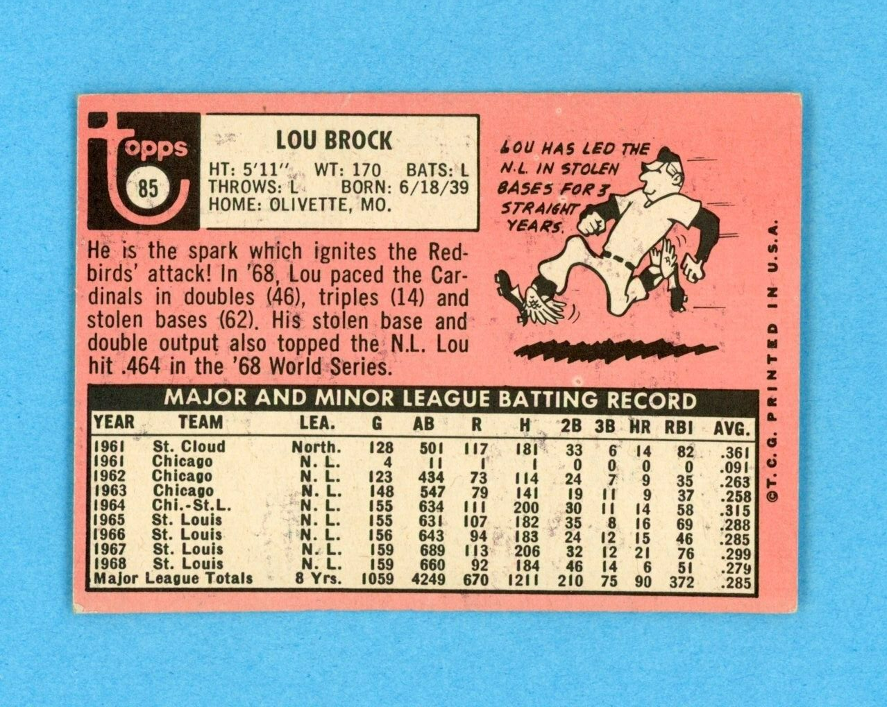 1969 Topps #85 Lou Brock St Louis Cardinals Baseball Card EX