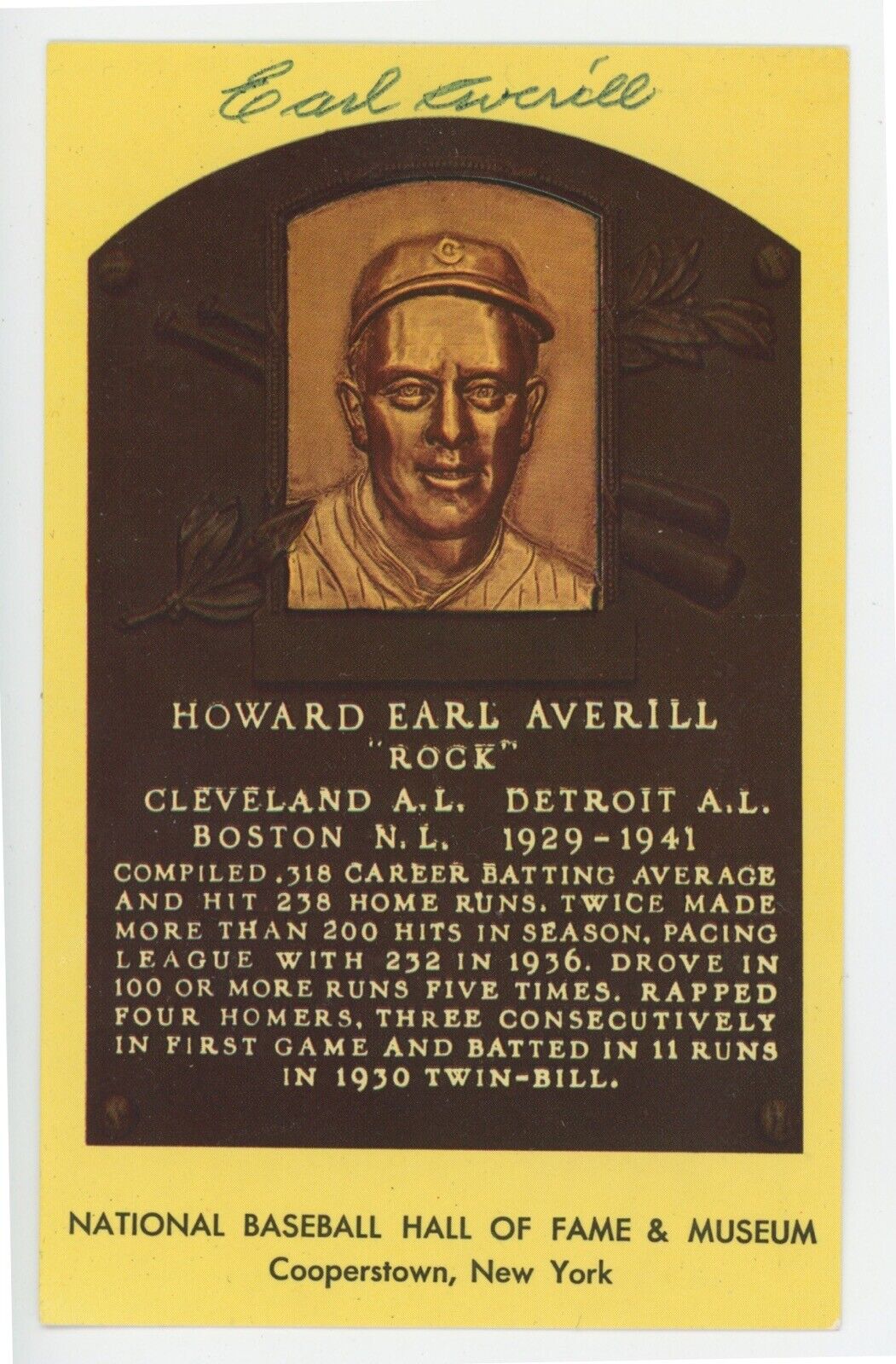 Earl Averill Indians Signed Yellow Hall of Fame Plaque Postcard w/ Hologram