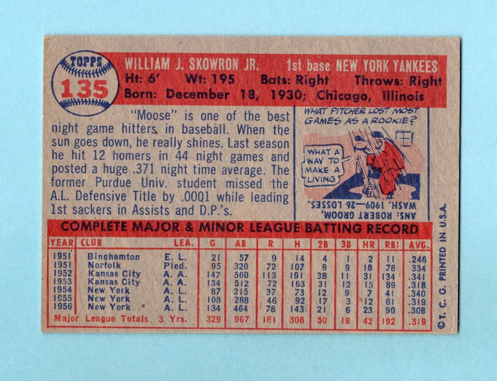 1957 Topps #135 Bill Skowron New York Yankees Baseball Card EX - EX+ o/c