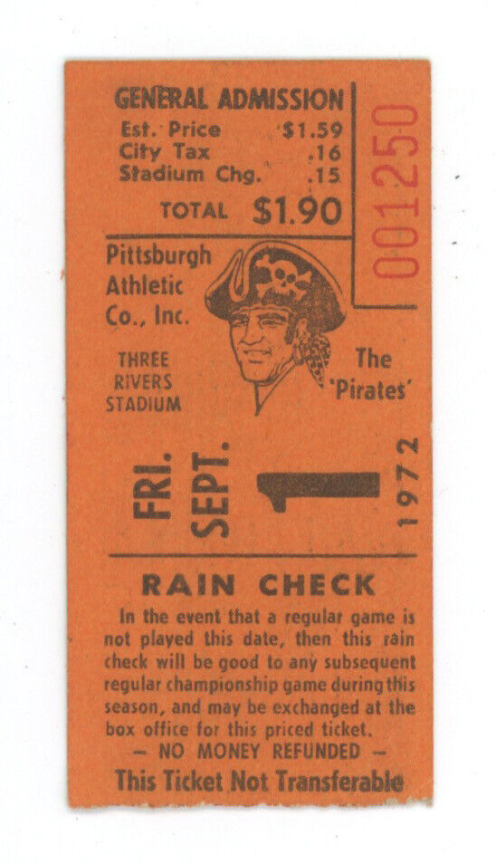 9/1/72 • Pittsburgh Pirates vs San Francisco Giants • Clemente • Ticket Stub