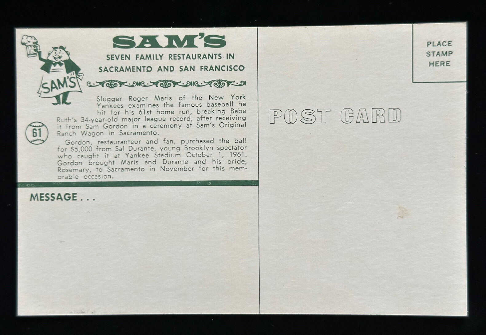 Roger Maris 61st Home Run Ball ORIGINAL Sam’s Restaurant, Calif. Color Postcard