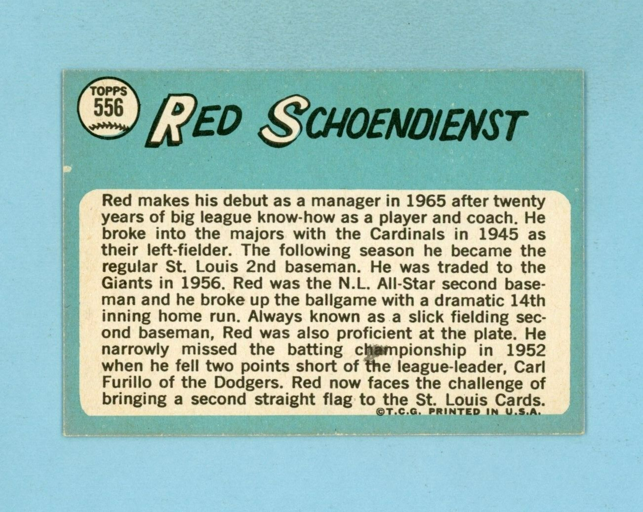 1965 Topps #556 Red Schoendienst St. Louis Cardinals Baseball Card NM o/c