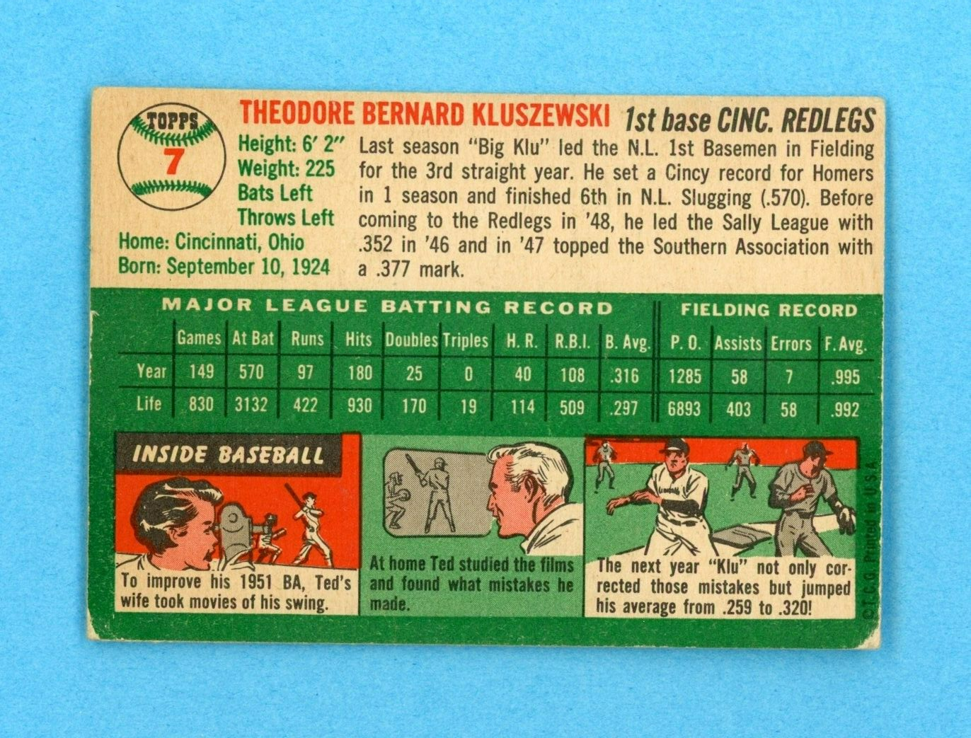 1954 Topps #7 Ted Kluszewski Cincinnati Redlegs Baseball Card EX app lht scr/wrk