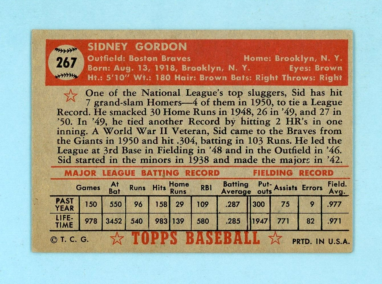 1952 Topps #267 Sid Gordon Boston Braves Baseball Card EX - EX+