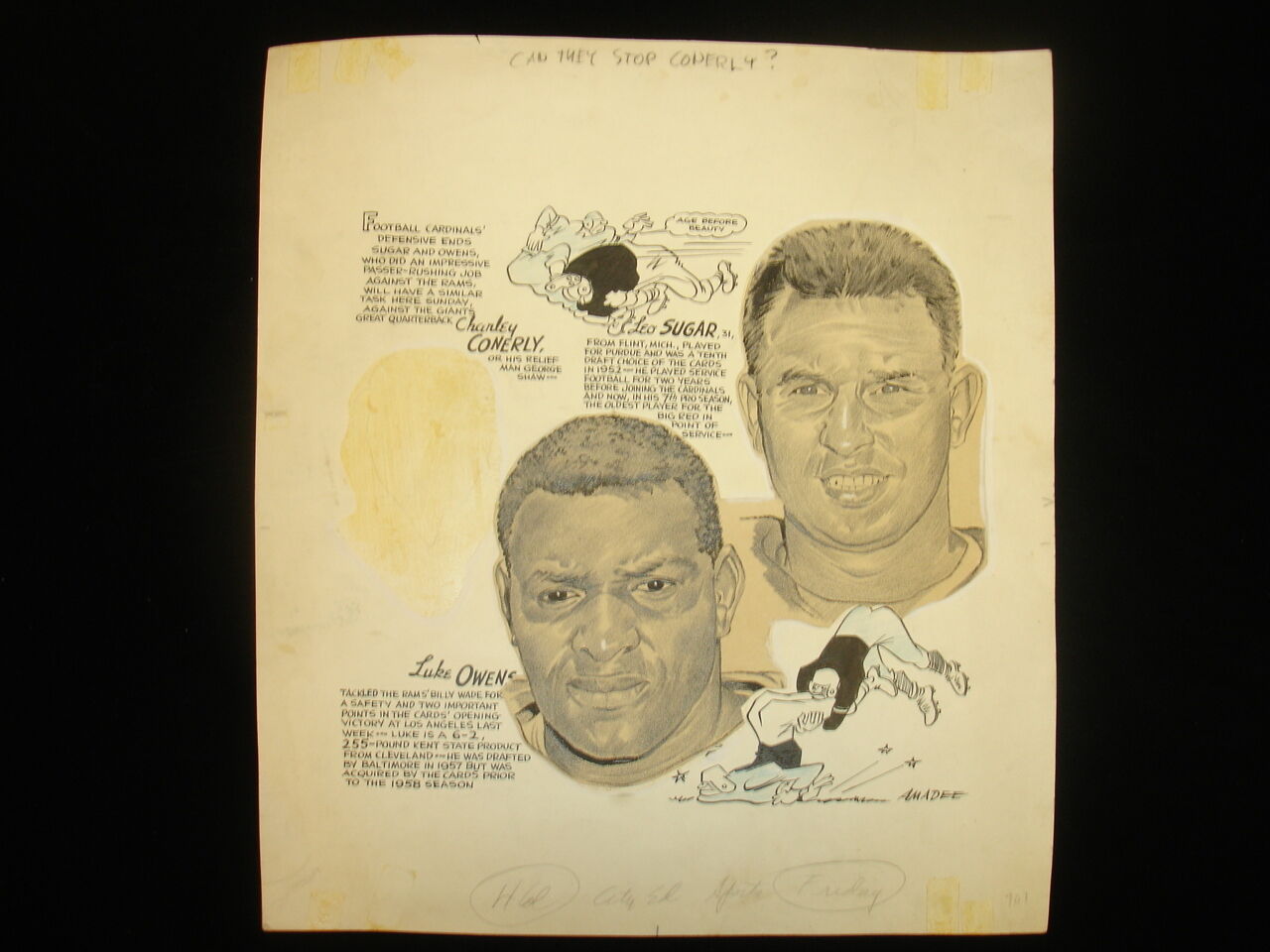 Vintage Amadee Original Artwork – Luke Owens, Leo Sugar, Charley Conerly