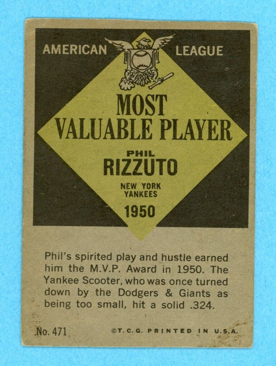 1961 Topps #471 Phil Rizzuto 1950 MVP New York Yankees Baseball Card V/E ap tstb