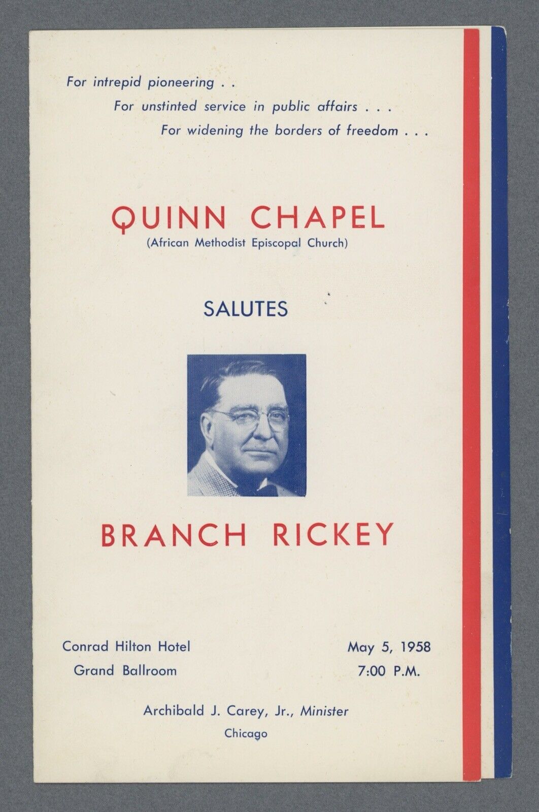 5/5/58 Branch Rickey Tribute • Chicago's Quinn Chapel • 4 Page Brochure