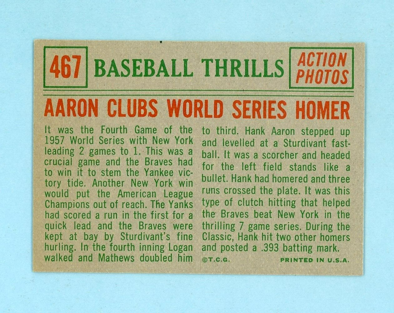 1959 Topps #467 Hank Aaron Clubs World Series Homer Baseball Card Ex/Mt o/c