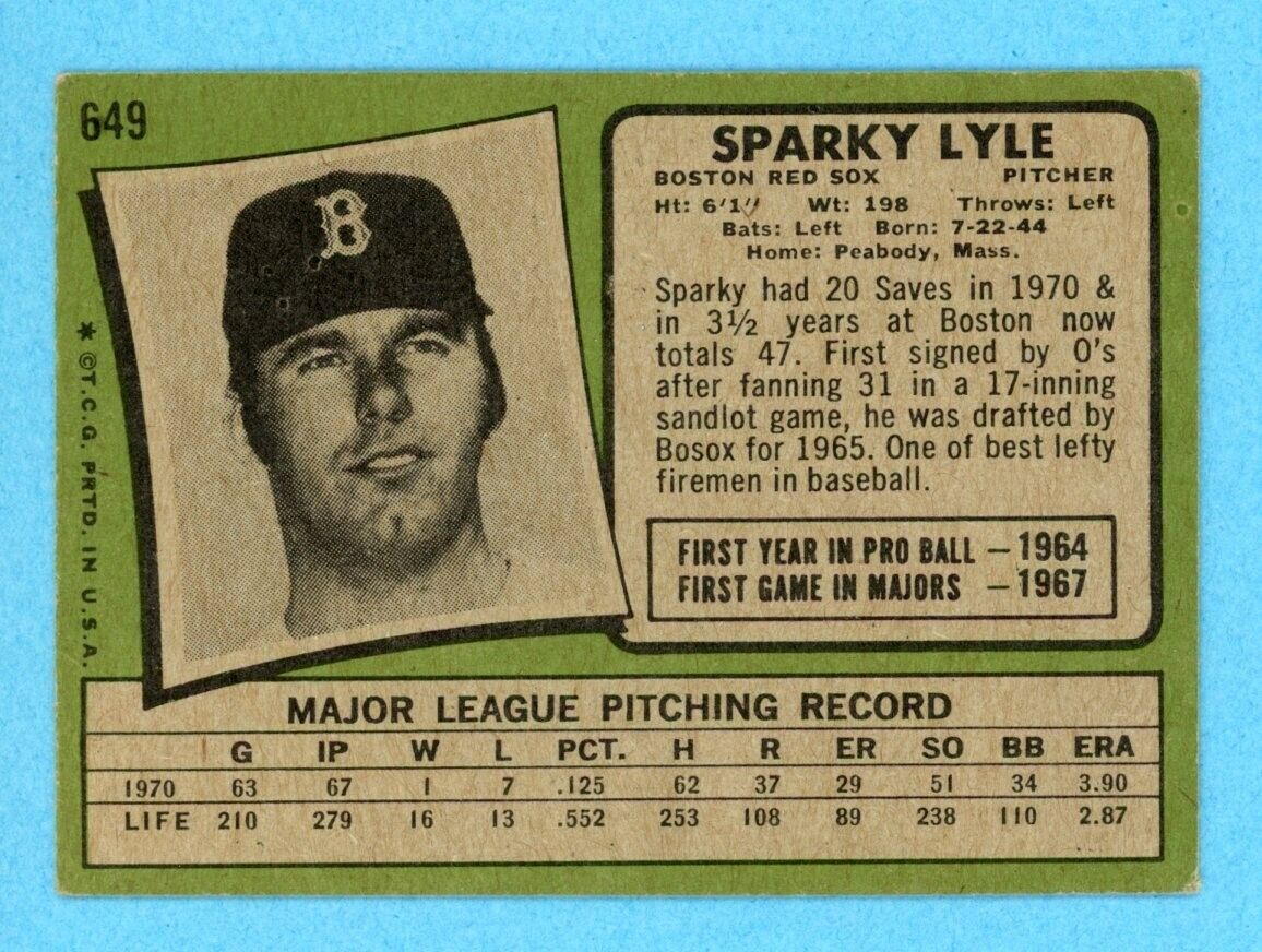 1971 Topps #649 Sparky Lyle Boston Red Sox High Number Baseball Card Vg/Ex