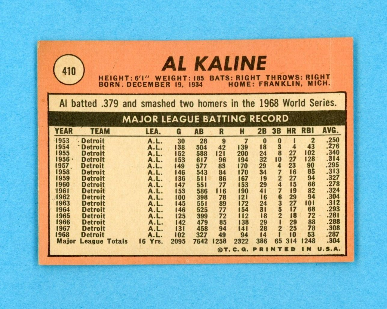 1969 Topps #410 Al Kaline Detroit Tigers Baseball Card EX