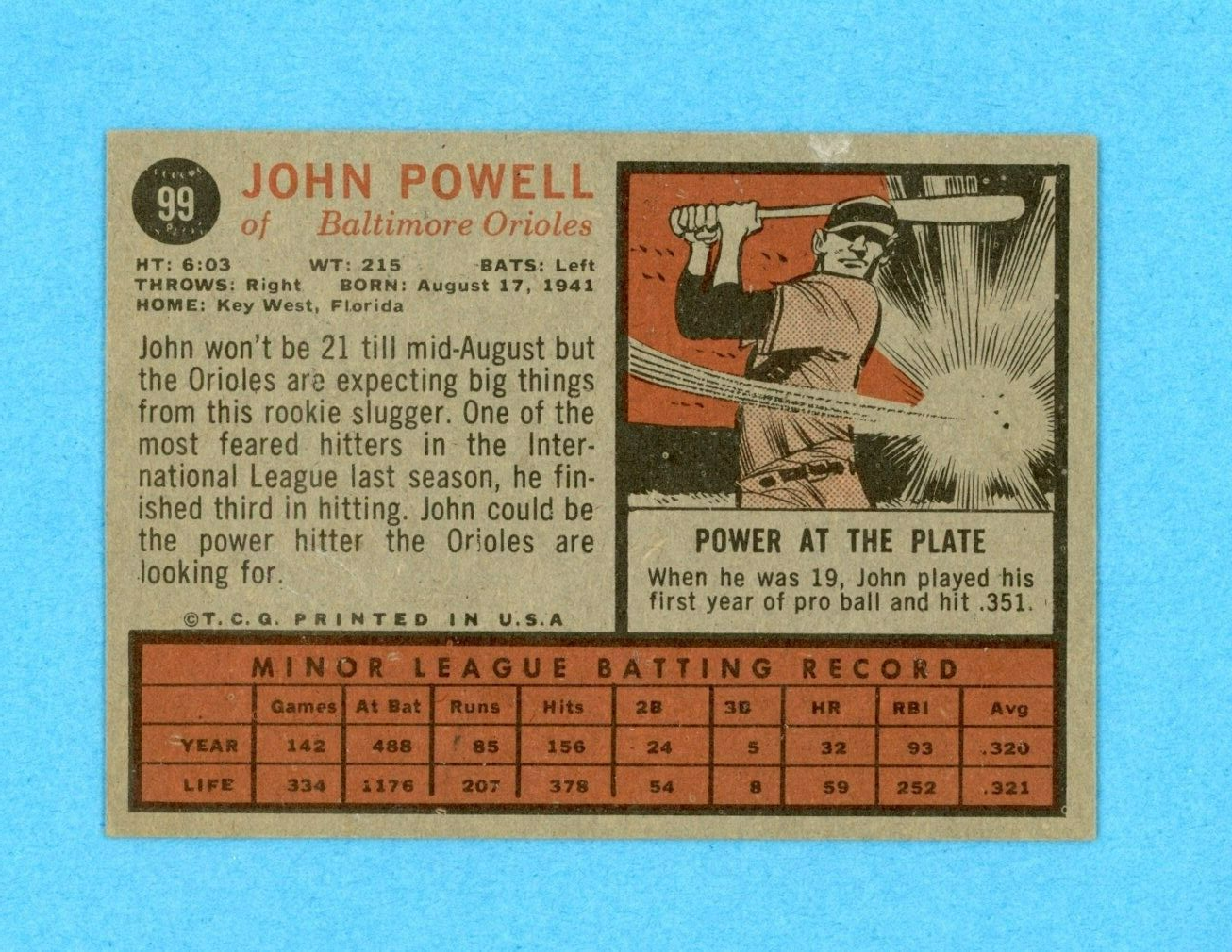 1962 Topps #99 Boog Powell Baltimore Orioles Rookie Baseball Card EX - EX+