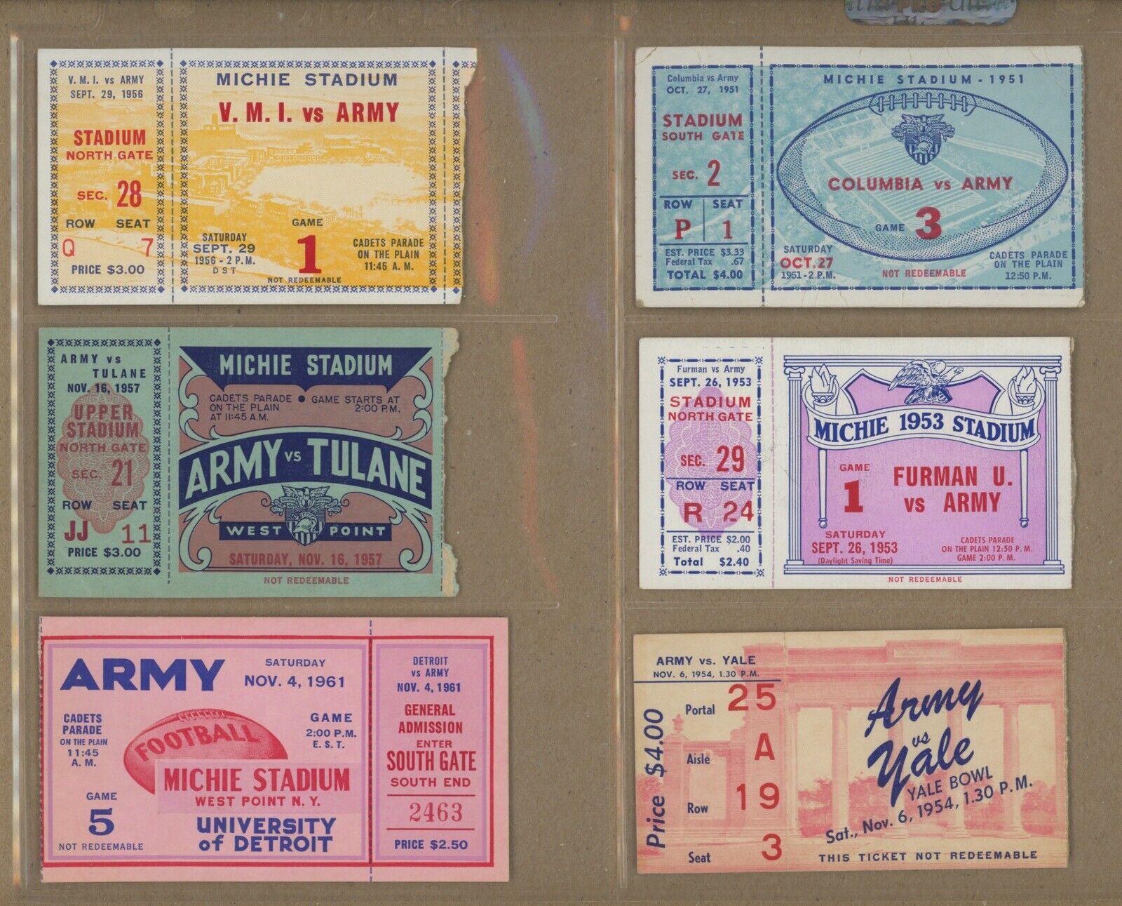 Lot of 34 different 1951-76 Army Football Home Game Ticket Stubs