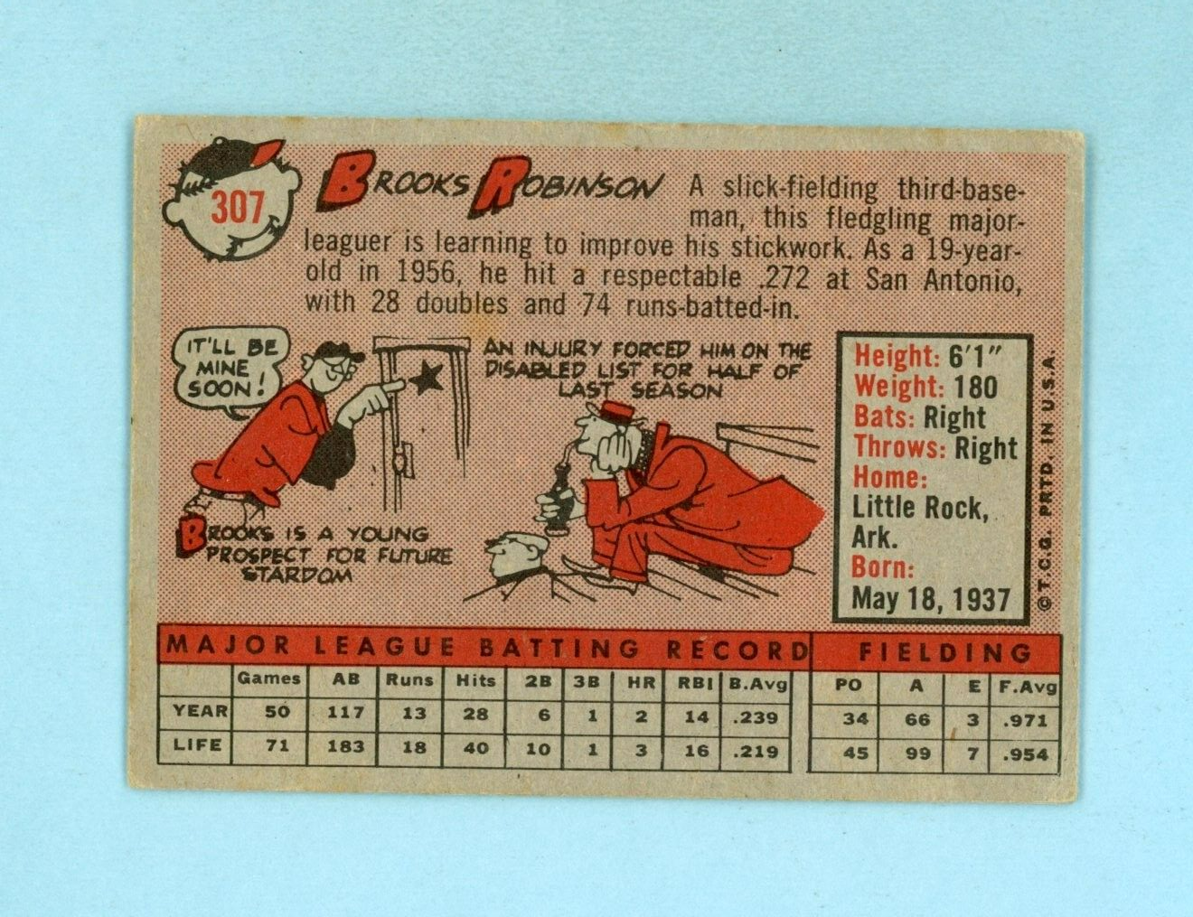 1958 Topps #307 Brooks Robinson Baltimore Orioles Baseball Card Vg/Ex ap wrks