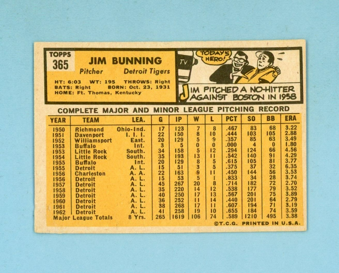 1963 Topps #365 Jim Bunning Detroit Tigers Baseball Card Ex/Mt app isu trc