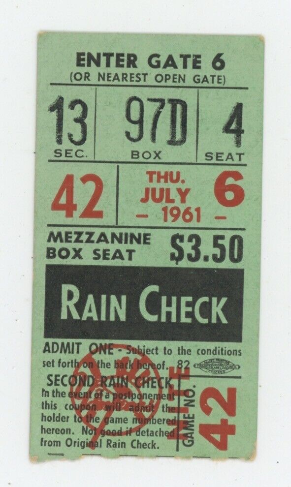 7/6/61  Cleveland Indians vs. New York Yankees Ticket Stub