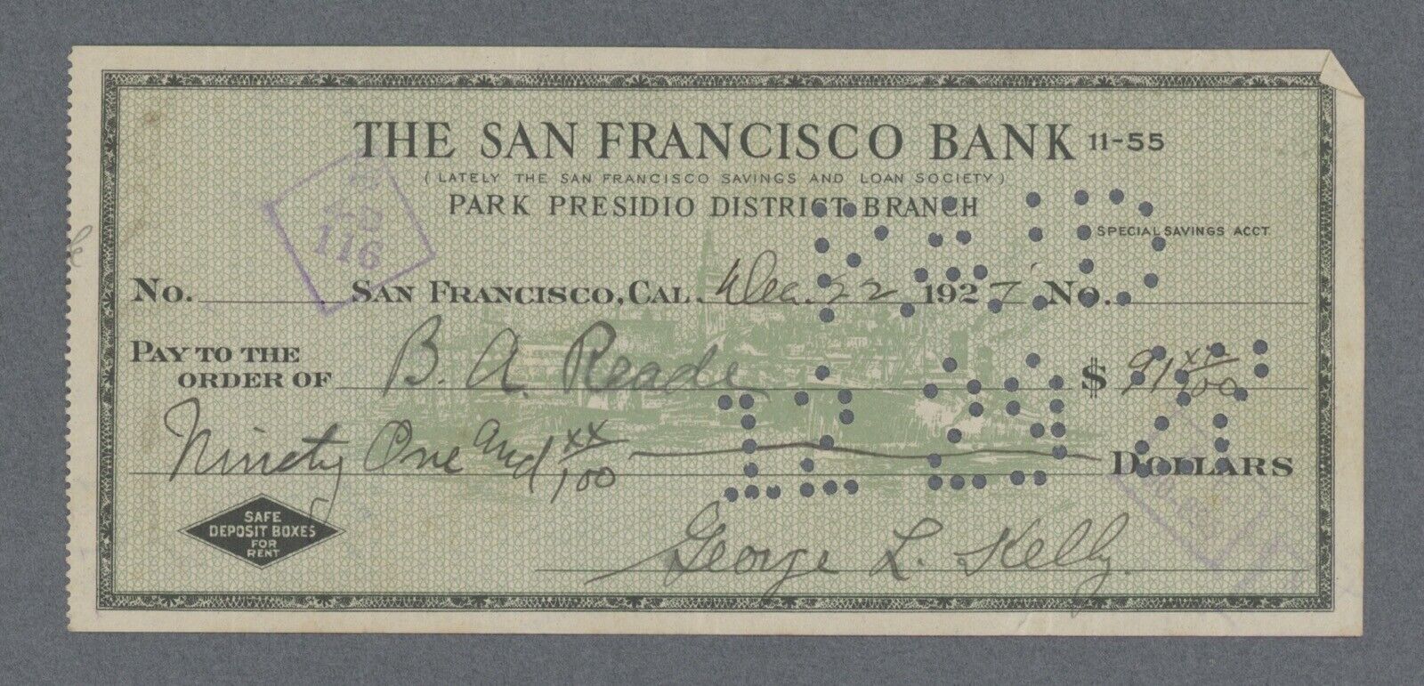 George L. Kelly MLB HOF '73 Signed Check •• Auto w B&E Hologram