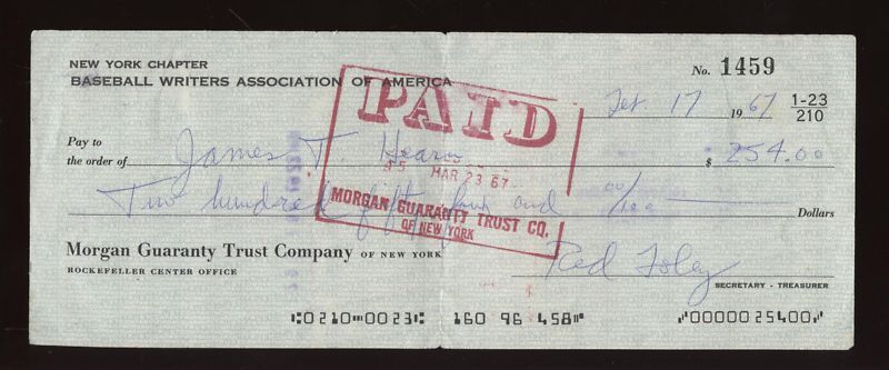 1967 Baseball Writers Association Check Signed by James Hearn (NY Giants, Cards)