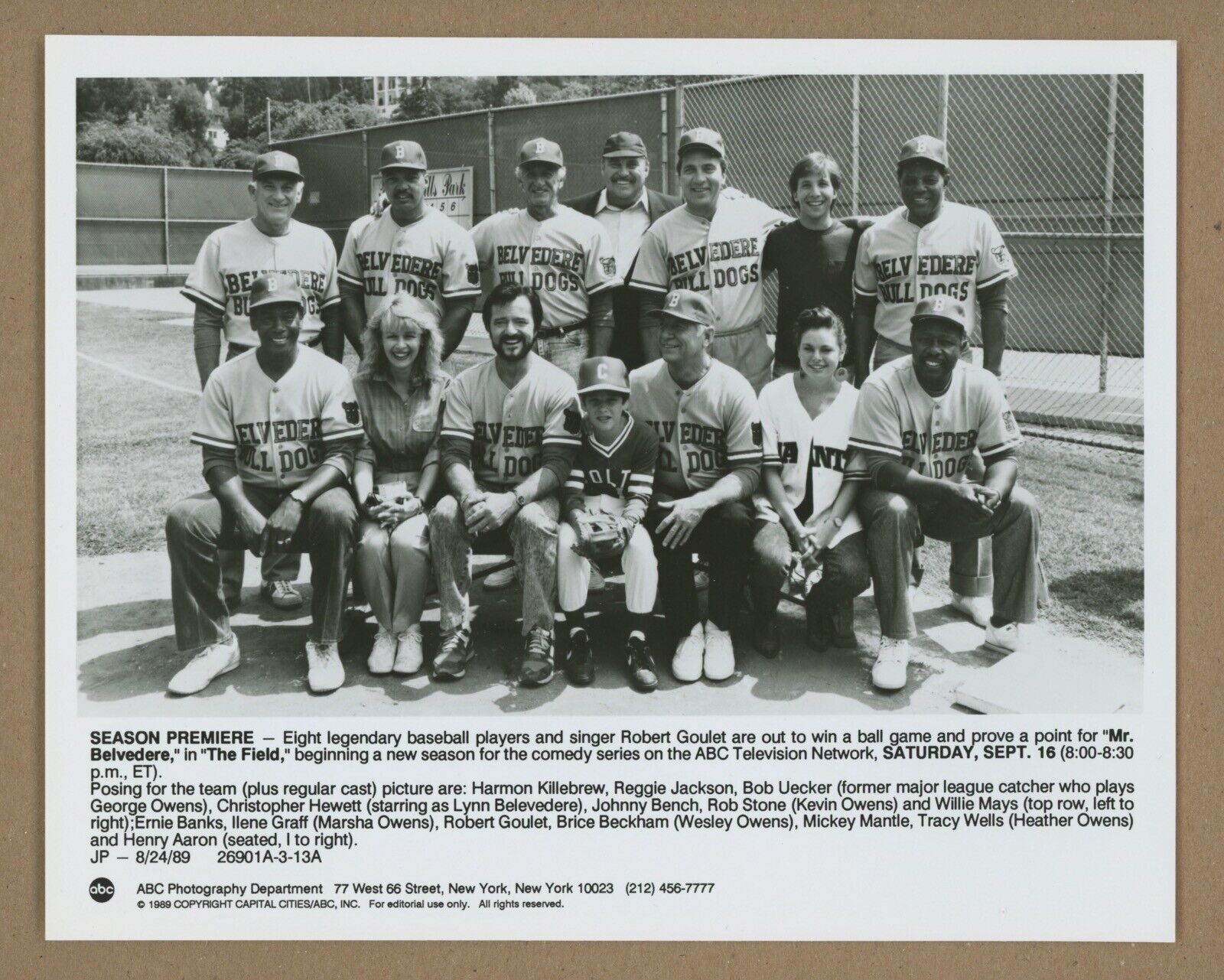 Original Mickey Mantle 1989 ABC TV 8" x 10" Press Photo with Mays, Aaron, etc.